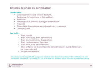 Critères de choix du certificateur
20
Certificateur :
• Connaissance de votre secteur d’activité,
• Expérience de l’organi...