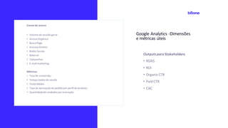 Google Analytics -Dimensões
e métricas úteis
Canaisde acesso
• Volume de sessõesgeral
• AcessoOrgânico
• BuscaPaga
• AcessosDiretos
• Redes Sociais
• Referral
• Campanhas
• E-mailmarketing
Métricas
• Taxa de conversão,
• Tempomédio de sessão
• TicketMédio
• Taxa de aprovaçãode pedido por perfilde produto
• Quantidadede unidadespor transação
Outputspara Stakeholders
• ROAS
• ROI
• OrganicCTR
• Paid CTR
• CAC
 