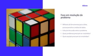 Foco em resolução do
problema
• Milharesde ferramentaspara coleta,
processamentoe análisede dados
• Falta de discussãosobre o problema
• Quaisproblemasprecisamser resolvidos?
• Quaisequipesprecisamser envolvidas?
 