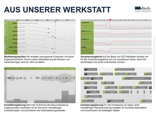 AUS UNSERER WERKSTATT
18
Verfasser:JanBaumgartner|Druckdatum:Montag,13.April2015|www.baumgartner-im.ch
Marktwertgutachten Wir erstellen transparente Gutachten mit hoher
Ergebnissicherheit. Durch unsere Akkreditierung bei Banken und
Versicherungen sind wir nahe am Markt
Investitionsplanung Nach der Aufnahme des Bauzustandes je
Liegenschaften erarbeiten wir für Sie einen mehrjährigen
Investitionsplan und priorisieren die Instandsetzungsarbeiten
Umsetzungsplanung Für die Umsetzung von bspw. einer
mehrjährigen Repositionierung erstellen wir konkrete Ablaufpläne
und koordinieren die beteiligten Stellen
Variantenvergleiche Auf der Basis von DCF-Modellen bereiten wir
für Sie Variantenvergleiche auf und visualisieren diese, damit Sie
komfortabel und sicher entscheiden können
 