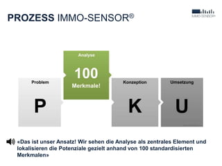 PROZESS IMMO-SENSOR®
«Das ist unser Ansatz! Wir sehen die Analyse als zentrales Element und
lokalisieren die Potenziale gezielt anhand von 100 standardisierten
Merkmalen»
 