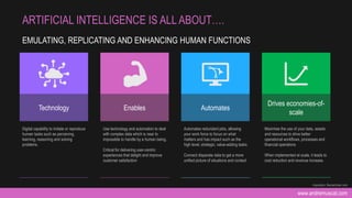 www.andremuscat.com
EMULATING, REPLICATING AND ENHANCING HUMAN FUNCTIONS
ARTIFICIAL INTELLIGENCE IS ALL ABOUT….
Digital capability to imitate or reproduce
human tasks such as perceiving,
learning, reasoning and solving
problems.
Use technology and automation to deal
with complex data which is near to
impossible to handle by a human being.
Critical for delivering user-centric
experiences that delight and improve
customer satisfaction
Automates redundant jobs, allowing
your work force to focus on what
matters and has impact such as the
high level, strategic, value-adding tasks.
Connect disparate data to get a more
unified picture of situations and context
Maximise the use of your data, assets
and resources to drive better
operational workflows, processes and
financial operations
When implemented at scale, it leads to
cost reduction and revenue increase.
Enables
Technology
Drives economies-of-
scale
Automates
Inspiration: Bernardmarr.com
 
