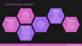 www.andremuscat.com
AI IN FINANCE: IMPACT
Cloud
Computing
Enhancing how
products are
delivered and
reduces operational
costs
Reinforcement
Learning
Advances in
reinforcement
learning contribute
to shaping the
future of Algo
Trading
Language
Learning
Advances in natural
language
processing
enabling
processing of even
larger amounts of
data, making better
decisions, faster
Algo Trading
Systems that
handle 75% of the
volume of trades
globally. The focus
in AI trading shifted
from speed to
increasing the
number of variables
in each model
Bots
The most efficient
and easy to deploy
AI-based solution
for financial
institutions
Regulation
Pushing for greater
automation of
trades in some
asset classes
which traditionally
were not executed
electronically
 