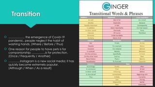 Transition
 …………….. the emergence of Covid-19
pandemic, people neglect the habit of
washing hands. (Where / Before / Thus)
 One reason for people to have pets is for
companionship; …………..is for protection.
(Once / Frequently / Another)
 …………Instagram is a new social media; it has
quickly become extremely popular.
(Although / When / As a result)
 