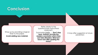 Conclusion
Wrap up by providing a logical
finish to the paper.
Avoid adding new material.
Refer clearly to the
question/main topic/thesis
statement.
Summarize briefly.  Don’t stop
here. Instead, provide the
readers conclusion which they
can take (Readers: What do I
know now after reading the
essay?
It may offer suggestion or future
prevention
 