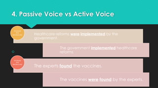 4. Passive Voice vs Active Voice

Healthcare reforms were implemented by the
government.
The government implemented healthcare
reforms
Analyze
the
sentences!
The experts found the vaccines.
The vaccines were found by the experts.
Analyze
the
sentences!
 