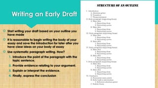 Writing an Early Draft
 Start writing your draft based on your outline you
have made
 It is reasonable to begin writing the body of your
essay and save the introduction for later after you
have clear ideas on your body of essay
 Use systematic paragraph writing. How?
1. Introduce the point of the paragraph with the
topic sentence.
2. Provide evidence relating to your argument.
3. Explain or interpret the evidence.
4. Finally, express the conclusion
 