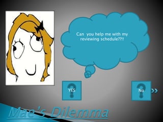 Mae’s Dilemma
Can you help me with my
reviewing schedule??!!
YES No
 