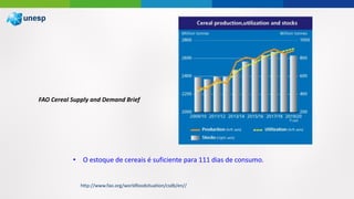 http://www.fao.org/worldfoodsituation/csdb/en//
FAO Cereal Supply and Demand Brief
• O estoque de cereais é suficiente para 111 dias de consumo.
 