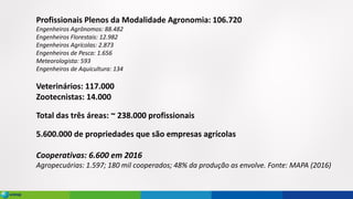 Profissionais Plenos da Modalidade Agronomia: 106.720
Engenheiros Agrônomos: 88.482
Engenheiros Florestais: 12.982
Engenheiros Agrícolas: 2.873
Engenheiros de Pesca: 1.656
Meteorologista: 593
Engenheiros de Aquicultura: 134
Veterinários: 117.000
Zootecnistas: 14.000
Total das três áreas: ~ 238.000 profissionais
5.600.000 de propriedades que são empresas agrícolas
Cooperativas: 6.600 em 2016
Agropecuárias: 1.597; 180 mil cooperados; 48% da produção as envolve. Fonte: MAPA (2016)
 