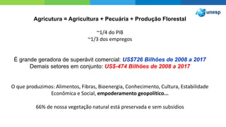 Agricutura = Agricultura + Pecuária + Produção Florestal
~1/4 do PIB
~1/3 dos empregos
É grande geradora de superávit comercial: US$726 Bilhões de 2008 a 2017
Demais setores em conjunto: US$-474 Bilhões de 2008 a 2017
O que produzimos: Alimentos, Fibras, Bioenergia, Conhecimento, Cultura, Estabilidade
Econômica e Social, empoderamento geopolítico...
66% de nossa vegetação natural está preservada e sem subsídios
 