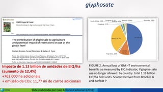 Slide elaborado por Caio Antonio Carbonari (2019)
glyphosate
FIGURE 2. Annual loss of GM HT environmental
benefits as measured by EIQ indicator, if glypho- sate
use no longer allowed: by country: total 1.13 billion
EIQ/ha field units. Source: Derived from Brookes G
and Barfoot P
Impacto de 1.13 billion de unidades de EIQ/ha
(aumento de 12,4%)
+762.000 ha adicionais
+ emissão de CO2: 11,77 mi de carros adicionais
 