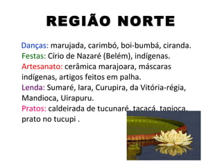 REGIÃO NORTE Danças:  marujada, carimbó, boi-bumbá, ciranda. Festas:  Círio de Nazaré (Belém), indígenas. Artesanato:  cerâmica marajoara, máscaras indígenas, artigos feitos em palha. Lenda:  Sumaré, Iara, Curupira, da Vitória-régia, Mandioca, Uirapuru. Pratos:  caldeirada de tucunaré, tacacá, tapioca, prato no tucupi .  