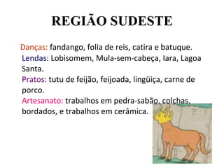 REGIÃO SUDESTE Danças:  fandango, folia de reis, catira e batuque. Lendas:  Lobisomem, Mula-sem-cabeça, Iara, Lagoa Santa. Pratos:  tutu de feijão, feijoada, lingüiça, carne de porco. Artesanato:  trabalhos em pedra-sabão, colchas, bordados, e trabalhos em cerâmica. 