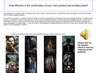 How effective is the combination of your main product and ancillary texts?   The overall aim of my teaser trailer and ancillary texts, was to create a ‘promotional buzz’ among the films target demographic and to launch the film with the highest possible popularity. For any film of any genre, it is well-known that the distributor is the one responsible for marketing the film and to physically distribute it. In relation to the question, the distributor has three main objectives. These consist of advertising of the film, promoting the film and publicising the film. Another section of the roles is the way in which the front cover of the movie magazine and the promotional poster are distributed around the world, to appeal to the target demographic on a global stage.  In order for the film to be recognised as a global phenomenon such as the ‘Saw’ series, all these roles must be carried out by the distribution company. Below are a selection of films that could potentially take away my films’ audiences in 2011 Please click on the speaker above to hear my response to the question. 
