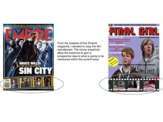 From the analysis of this ‘Empire’ magazine, I decided to copy the film reel element. The movie snapshots allow the audience to gain a prospective idea to what is going to be mentioned within the current issue.  