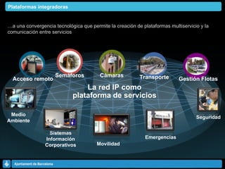 … a una convergencia tecnológica que permite la creación de plataformas multiservicio y la comunicación entre servicios La red IP como plataforma de servicios Acceso remoto Semáforos Transporte Cámaras Gestión Flotas Movilidad Seguridad Emergencias Sistemas Información Corporativos Medio Ambiente Plataformas integradoras 