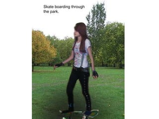 Skate boarding through the park. 