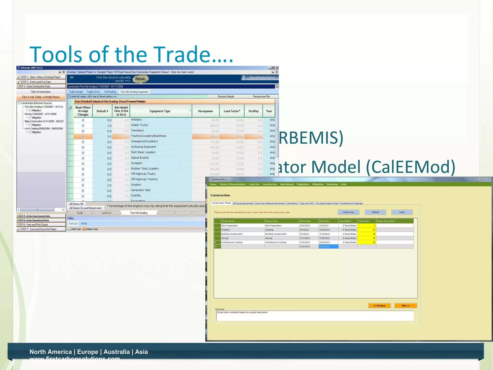 Tools of the Trade….

      Models
          
              Urban Emissions Model (URBEMIS)
             California Emissions Estimator Model (CalEEMod)
             California Emissions Factor Models (EMFAC,
              OFFROAD)




North America | Europe | Australia | Asia
www.firstcarbonsolutions.com
 