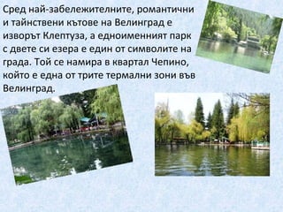 Сред най-забележителните, романтични 
и тайнствени кътове на Велинград е 
изворът Клептуза, а едноименният парк 
с двете си езера е един от символите на 
града. Той се намира в квартал Чепино, 
който е една от трите термални зони във 
Велинград.
 