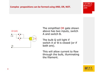 *
Complex propositions can be formed using AND, OR, NOT.
The simplified OR gate shown
above has two inputs, switch
A and switch B.
The bulb Q will light if
switch A or B is closed (or if
both are).
This will allow current to flow
through the bulb, illuminating
the filament.
 