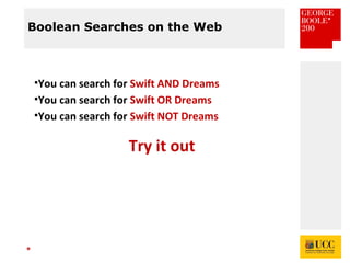 *
Boolean Searches on the Web
•You can search for Swift AND Dreams
•You can search for Swift OR Dreams
•You can search for Swift NOT Dreams
Try it out
 