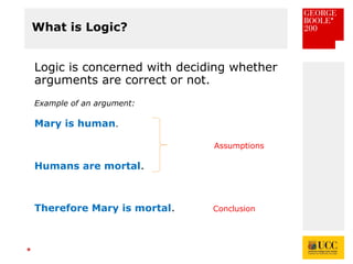 *
What is Logic?
Logic is concerned with deciding whether
arguments are correct or not.
Example of an argument:
Mary is human.
Assumptions
Humans are mortal.
Therefore Mary is mortal. Conclusion
 