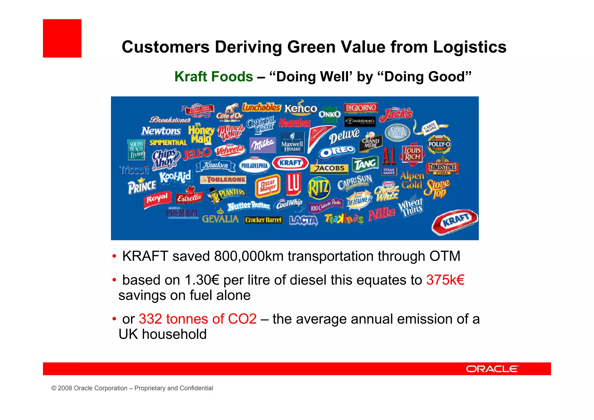 Customers Deriving Green Value from Logistics
                                          Kraft Foods – “Doing Well’ by “Doing Good”




                    • KRAFT saved 800,000km transportation through OTM
                    • based on 1.30€ per litre of diesel this equates to 375k€
                     savings on fuel alone
                    • or 332 tonnes of CO2 – the average annual emission of a
                     UK household


© 2008 Oracle Corporation – Proprietary and Confidential
 
