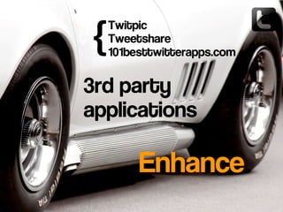 3rd party
applications
Enhance
Twitpic
Tweetshare
101besttwitterapps.com
{
 