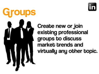 Create new or join
existing professional
groups to discuss
market trends and
virtually any other topic.
Groups
 