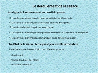 Le déroulement de la séance  Les règles de fonctionnement du travail de groupe   Les élèves ne doivent pas imposer autoritairement leurs avis  Les élèves ne doivent pas craindre les opinions divergentes Les élèves doivent s’exprimer à voix basse  Les élèves ne doivent pas interpeller le professeur à la moindre interrogation  Les élèves ne doivent pas communiquer entre différents groupes Au début de la séance, l’enseignant joue un rôle introducteur  Il préside ensuite la constitution des différents groupes : au hasard selon les désirs des élèves manière aléatoire 