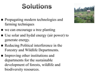    Propagating modern technologies and
    farming techniques
   we can encourage a tree planting
   Use solar and hydal energy (air power) to
    generate energy.
   Reducing Political interference in the
    Forestry and Wildlife Departments.
   Improving other institutions and
    departments for the sustainable
    development of forests, wildlife and
    biodiversity resources.
 