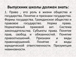 Выпускник школы должен знать:
1. Право , его роль в жизни общества и
государства. Понятие и признаки государства.
Формы государства. Гражданское общество и
правовое     государство.   Норма     права.
Нормативный      правовой    акт.   Система
законодательства. Субъекты права. Понятие
прав, свобод и обязанностей. Понятие
правоотношений.      Признаки     и    виды
правонарушений.      Понятие      и    виды
юридической ответственности. Презумпция
невиновности.
 
