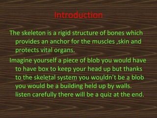 Introduction The skeleton is a rigid structure of bones which provides an anchor for the muscles ,skin and protects vital organs. Imagine yourself a piece of blob you would have to have box to keep your head up but thanks to the skeletal system you wouldn’t be a blob you would be a building held up by walls. listen carefully there will be a quiz at the end. 