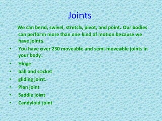 Joints  We can bend, swivel, stretch, pivot, and point. Our bodies can perform more than one kind of motion because we have joints.  You have over 230 moveable and semi-moveable joints in your body.  Hinge  ball and socket  gliding joint.  Plan joint  Saddle joint Candyloid joint   