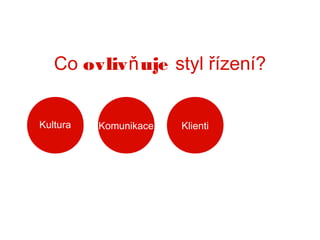 Co ovliv ň uje styl řízení?
Kultura

Komunikace

Klienti

 