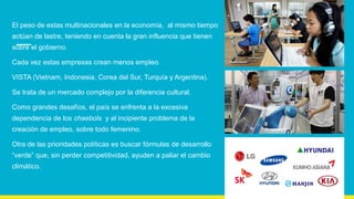 El peso de estas multinacionales en la economía, al mismo tiempo
actúan de lastre, teniendo en cuenta la gran influencia que tienen
sobre el gobierno.
Cada vez estas empresas crean menos empleo.
VISTA (Vietnam, Indonesia, Corea del Sur, Turquía y Argentina).
Se trata de un mercado complejo por la diferencia cultural.
Como grandes desafíos, el país se enfrenta a la excesiva
dependencia de los chaebols y al incipiente problema de la
creación de empleo, sobre todo femenino.
Otra de las prioridades políticas es buscar fórmulas de desarrollo
“verde” que, sin perder competitividad, ayuden a paliar el cambio
climático.
 