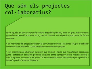 Què són els projectes col·laboratius? Són aquells en què un grup de centres treballen plegats, amb un grau més o menys gran de cooperació entre els socis, per tal d'assolir uns objectius proposats de forma comuna. Els membres del projecte utilitzen la comunicació virtual i les eines TIC per a treballar i comunicar-se entre ells i comparteixen un nombre de tasques. Els projectes col·laboratius busquen que els nois i noies que hi participin aprenguin junts i estableixin contacte personal i lligams entre companys de la mateixa escola i fora d'aquesta, i convertir les eines TIC en una oportunitat motivadora per aprendre  i treure’n profit d’aquesta distància. 