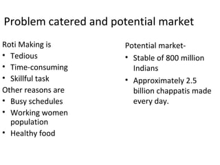 Problem catered and potential market
Roti Making is        Potential market-
• Tedious             • Stable of 800 million
• Time-consuming        Indians
• Skillful task       • Approximately 2.5
Other reasons are       billion chappatis made
• Busy schedules        every day.
• Working women
  population
• Healthy food
 