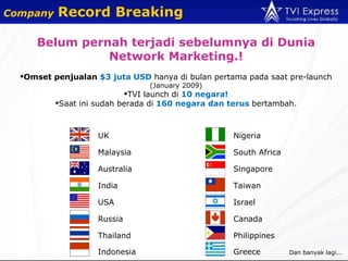 Belum pernah terjadi sebelumnya di Dunia  Network Marketing .! Omset penjualan  $3  juta USD   hanya di bulan pertama pada saat pre- launch  (January 2009) TVI launch  di  10  negara! Saat ini sudah berada di  1 6 0  negara dan terus  bertambah. UK Malaysia Australia India USA Russia Thailand Indonesia Nigeria South Africa Singapore Taiwan Israel Canada Philippines Greece Dan banyak lagi. .. Company   Record Breaking 