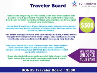 Ketika anda bergabung di TVI Express, anda akan mendapatkan satu posisi di level 1 pada Board Traveler. Pada saat Board terisi penuh, Board akan terbelah menjadi dua Board yang membuat anda terangkat ke level yang lebih tinggi. Setiap Board terdiri dari 4 level. Dengan usaha bersama-sama semua member didorong keatas dari level 1 ke level 4 dan akhirnya keluar dan masuk ke EXPRESS BOARD. Ini adalah merupakan bisnis plan satu-satunya di dunia, dimana semua anggota tim bekerja bersama-sama sebagai satu kesatuan   dan saling membantu satu sama lain merintis jalan ke jenjang yang berbeda. Pada saat anda keluar dari Traveler Board anda mendapatkan bonus sebesar $250 USD dan evoucher senilai $250 USD, dengan jumlah seluruhnya $500 USD  (du a kali lipat dari modal yang anda keluarkan).   Board akan terbelah dua apabila posisi di dalam board telah terisi penuh. Dan anda wajib menseponsori hanya 2 orang untuk mencapai kualifikasi. Traveler Board  BONUS  Traveler Board : $500 