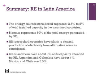 +                                                             10

    Summary: RE in Latin America

     The energy sources considered represent 2,5% to 5%
     of total installed capacity in the examined countries.
     Biomass represents 50% of the total energy generated
     by RE.
     All researched countries have plans to expand
     production of electricity from alternative sources
     considered.
     Brazil and Peru have about 5% of its capacity attended
     by RE, Argentina and Colombia have about 4%,
     Mexico and Chile are 2.5%.
 