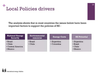 +                                                                           13

    Local Policies drivers

     The analysis shows that in most countries the issues below have been
     important factors to support the policies of RE :
 