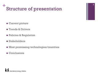 +                                             5

    Structure of presentation

     Current picture

     Trends & Drivers

     Policies & Regulation

     Stakeholders

     Most promissing technologies/countries

     Conclusions
 