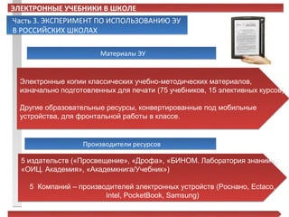 ЭЛЕКТРОННЫЕ УЧЕБНИКИ В ШКОЛЕ
Часть 3. ЭКСПЕРИМЕНТ ПО ИСПОЛЬЗОВАНИЮ ЭУ
В РОССИЙСКИХ ШКОЛАХ

                        Материалы ЭУ


  Электронные копии классических учебно-методических материалов,
  изначально подготовленных для печати (75 учебников, 15 элективных курсов).

  Другие образовательные ресурсы, конвертированные под мобильные
  устройства, для фронтальной работы в классе.


                   Производители ресурсов

  5 издательств («Просвещение», «Дрофа», «БИНОМ. Лаборатория знаний»,
  «ОИЦ. Академия», «Академкнига/Учебник»)

    5 Компаний – производителей электронных устройств (Роснано, Ectaco,
                        Intel, PocketBook, Samsung)
 