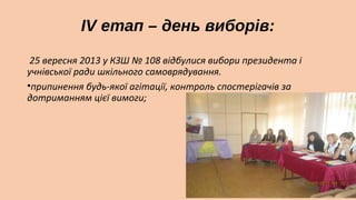 ІV етап – день виборів:
25 вересня 2013 у КЗШ № 108 відбулися вибори президента і
учнівської ради шкільного самоврядування.
•припинення будь-якої агітації, контроль спостерігачів за
дотриманням цієї вимоги;

 