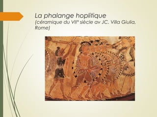 La phalange hoplitique
(céramique du VII° siècle av JC. Villa Giulia,
Rome)
 