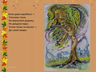 Зілля дива наробило —
Тополею стала.
Не вернулася додому,
Не діждала пари;
Тонка-тонка та висока —
До самої хмари.

 