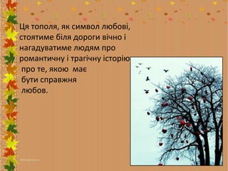 Ця тополя, як символ любові,
стоятиме біля дороги вічно і
нагадуватиме людям про
романтичну і трагічну історію
про те, якою має
бути справжня
любов.

 