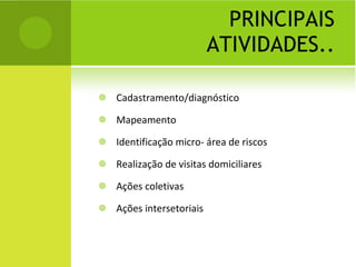 PRINCIPAIS ATIVIDADES.. Cadastramento/diagnóstico Mapeamento Identificação micro- área de riscos Realização de visitas domiciliares Ações coletivas Ações intersetoriais 